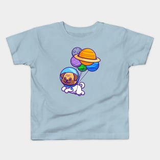 Cute Pug Dog Astronaut Floating With Planet Balloon Cartoon Kids T-Shirt